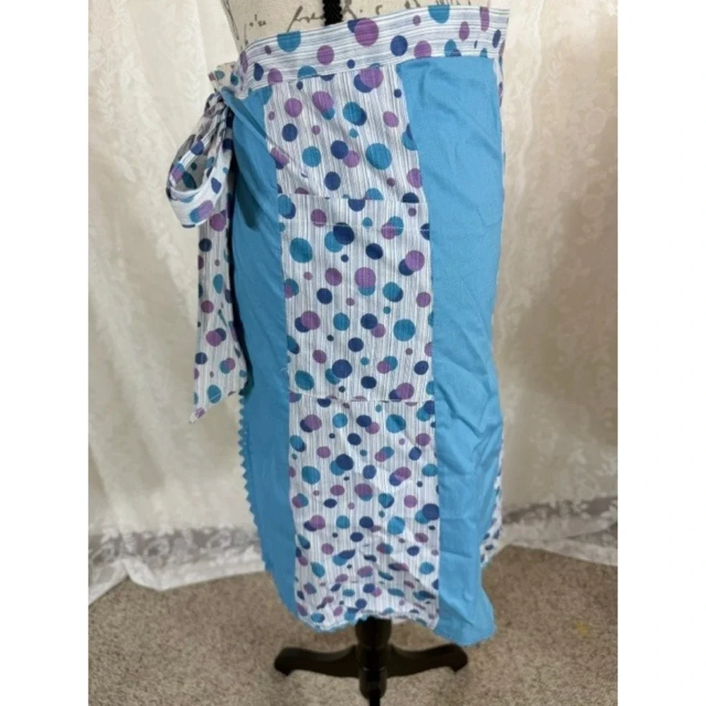 Vintage 1950's Handmade Blue Polka Dot Half Apron with Pockets and Rickrack Trim